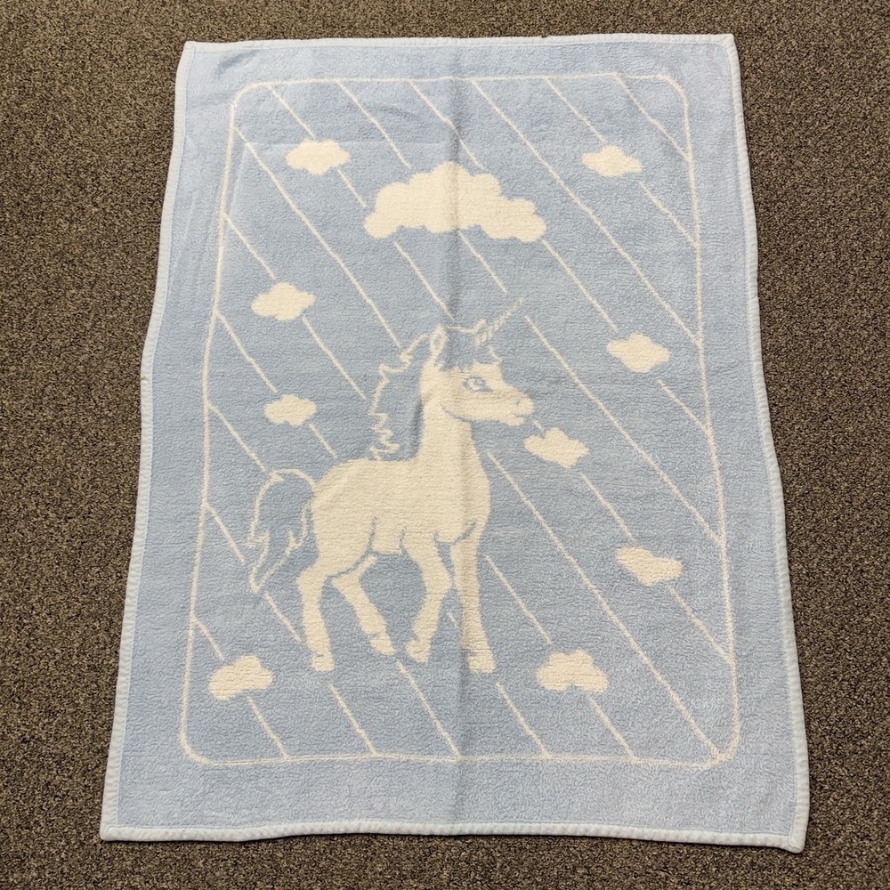 San Marcos Cobertor Baby Blanket Blue White Unicorn 41x30 Reversible vintage